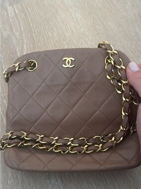 CHANEL Quilted Lambskin Crossbody Bag in Taupe with Gold Hardware